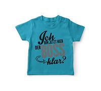 miKalino Baby/Kinder T-Shirt mit Spruch für Jungen Mädchen Unisex Kurzarm Ich Bin jetzt Hier der Boss, klar? | handbedruckt in Deutschland | Handmade with Love, Farbe:Atoll, Grösse:68-74