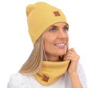Mikos* Damen Set Mütze & Loop Baumwolle Long Beanie Hut mit Schal-Loop Herbst Winter Tolles Warm, Stretchy Elastischer, Wintermütze Junge-n Mädchen Streetwear 703 (Senfgelb)
