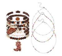 Mikovivi 10stk Cowgirl-Perlenarmband-Set, Enthalten 7 Stapelbare Western Perlenarmbänder mit Cowgirl-Hut und Stiefel-Charms und 3 Halsketten Y2K-Sti Boho-Sommerstrand Schmuck für Frauen(Braun)