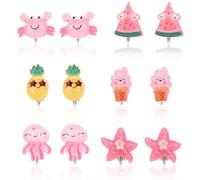 Mikovivi 6 Paar Ohrringe Kinder Clips, Nicht Durchdringende Ohrringe aus Kunstharz Strandstil Krake Krabbe und Andere Designs Sommerthema Ohrclips für Mädchen (6 Stile)