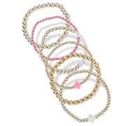 Mikovivi 6stk Goldene Perlen Armbänder Set für Damen Schmuck, Harzmaterial Stapelbare Elastische Rosa Perlen Armbänder mit Kreuz