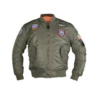 Mil-Tec® Kinder Fliegerjacke MA1® mit Abzeichen • Gefütterte Bomberjacke Jungen & Mädchen • Wind- & wasserabweisende Pilotenjacke • Outdoor Jacke Unisex • Oliv, M