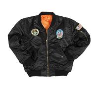 Mil-Tec® Kinder Fliegerjacke MA1® mit Abzeichen • Gefütterte Bomberjacke Jungen & Mädchen • Wind- & wasserabweisende Pilotenjacke • Outdoor Jacke Unisex • Schwarz, XS