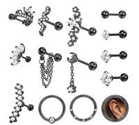 Milacolato 14St Piercing Ohr Chirurgenstahl 16G Ohrknorpel Piercing Tragus Helix Zirkonia Mond Schlange Ohrstecker Set CZ Septum Segmentring Clicker Ohrpiercing Schmuck schwarz