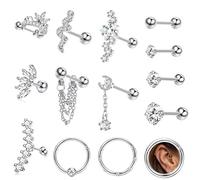 Milacolato 14St Piercing Ohr Chirurgenstahl 16G Ohrknorpel Piercing Tragus Helix Zirkonia Mond Schlange Ohrstecker Set CZ Septum Segmentring Clicker Ohrpiercing Schmuck Silber
