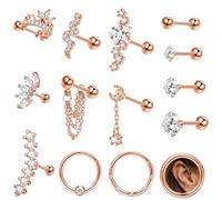 Milacolato 14St Piercing Ohr Chirurgenstahl 16G Ohrknorpel Piercing Tragus Helix Zirkonia Mond Schlange Ohrstecker Set CZ Septum Segmentring Clicker Ohrpiercing Schmuck Roségold