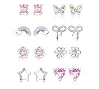 MILACOLATO 8Paar Ohrringe Silber 925 für Mädchen Damen Hypoallergene Ohrstecker Cute Pink Herz Schmetterling Blume Stern Regenbogen Ohrringe Set Kinder Ohrstecker Einschulung Geschenk Silber
