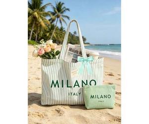 "Milan" Buchstaben-Muster, Vintage gestreifte Segeltuch-Tragetasche, Schleife, Kosmetiktasche, Damen große Kapazität gestreifte Schultertasche, wieder
