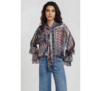 Milano Italy - blouse with bow tie neckline and double layered flounce cuff navy print - Gr. - 36