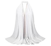 MilyaDE Damen Chiffon Kopftuch mit Strass, Lang Shawl Leichter Schal für Abendkleider, Elegantes Halstuch Hijab 70 * 180cm (Weiß)