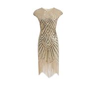 MIMIKRY 20er Jahre Charleston Pailletten Kleid Creme/Gold mit Fransen Flapper Damen-Kostüm, Größe:S