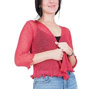 Mimosa Damen gehäkelter Bolero offener Cardigan Glitzer oder einfarbige super Dehnbare Spitzen-Fischnetz-Strickjacke Normal und Übergröße