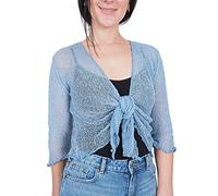 Mimosa Damen Übergröße häkeln Glitzer und einfache Stretch-Spitze Fischnetz Bali Krawatte an Taille Bolero zucken offene Strickjacke (Übergröße, Mid Blue)