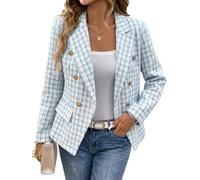 Mina Self 2025 Herbst Damen Tweed Plaid Blazer Jacke - Modischer, schlanker, voll gefütterter zweireihiger lässiger Arbeitsmantel (Taschen), Blau, S