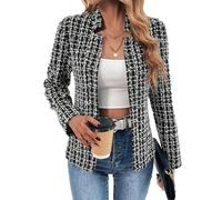 Mina Self 2025 Herbst Damen Tweed Plaid Blazer Jacke - Offene Vorderseite Stehkragen Voll Gefüttert Lässig Mode Elegant Arbeitsmantel, Karomuster/Schwarz, XL