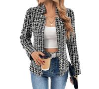Mina Self 2025 Herbst Damen Tweed Plaid Blazer Jacke - Offene Vorderseite Stehkragen Voll Gefüttert Lässig Mode Elegant Arbeitsmantel, Karomuster/Schwarz, XL