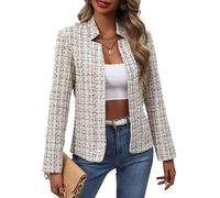 Mina Self 2025 Herbst Damen Tweed Plaid Blazer Jacke - Offene Vorderseite Stehkragen Voll Gefüttert Lässig Mode Elegant Arbeitsmantel, Kariert/Beige, XL
