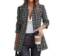 Mina Self 2026 Frühling Damen Fischgrat-Tweed-Blazerjacke - Langer, vollständig gefütterter Blazer mit offener Vorderseite für Arbeit und Büro mit Taschen, L