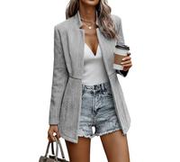 Mina Self 2026 Frühling Damen Fischgrat-Tweed-Blazerjacke - Langer, vollständig gefütterter Blazer mit offener Vorderseite für Arbeit und Büro mit Taschen, GRAU, S