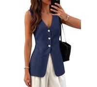 Mina Self 2026 Sommer Damen Leinen-Baumwoll-Mischgewebe Weste Tops - leicht, atmungsaktiv, lange modische Kleidung mit Taschen, Tiefes Blau, XXL