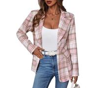Mina Self Herbst-Flanell-Blazerjacke für Damen, kariert, schmale Knöpfe, vollständig gefüttert, Business, Freizeit, Arbeit, Büro mit Taschen, Pink, L