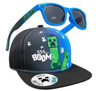 Minecraft Basecap Kinder Jungen Set Snapback Cap Kinder und Sonnenbrille UV Schutz Creeper Sonnenschutz Kappe Geschenke Jungs (6-14 Jahre, Schwarz/Blau)