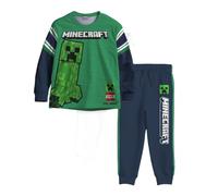 Minecraft Creeper Jungen 2-teiliges Jersey-Set, langärmeliges Aktiv-Mesh-T-Shirt und Jogginghose, Set für Kinder, Grün/Marineblau, 10/12