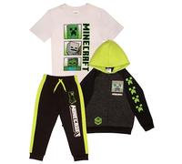Minecraft Creeper Jungen 3-teiliges Set mit Reißverschluss, modischer Hoodie, kurzärmeliges T-Shirt und Jogginghose, Grau/Weiß/Schwarz, 8
