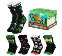 Minecraft Creeper Kinder Socken Set für Jungen (Schwarz/Mehrfarbig, 37-40)