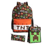Minecraft Creeper & TNT Unisex Kinder Mehrfarbiges 3-teiliges Rucksack-Set | Reißverschluss & Hakenverschluss | Schulbedarf transportieren | Schulbedarf