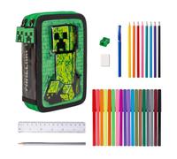 Minecraft Federmäppchen für Jungen, Schreibwaren Set Enthält Bleistift, Kugelschreiber, Radiergummi, Lineal, Spitzer, Buntstifte und Filzstifte, Geschenk für Kinder