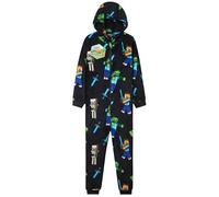 Minecraft Fleece Jumpsuit Kinder Jungen Schlafoverall mit Kapuze, Gamer Geschenke für Kinder Teenager (Schwarz AOP, 7-8 Jahre)