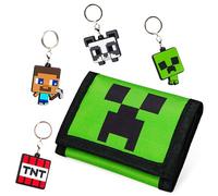 Minecraft Geldbeutel mit Anhänger Set | Geldbörse mit Schlüsselanhänger für Kinder | Portemonnaie mit Reißverschluss, Klettverschluss, Schlüsselring 12 x 8 x 2 cm