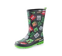 Minecraft Gummistiefel für Jungen | Wasserabweisende Wadenhohe Gummistiefel mit Creeper-, Skelett- und TNT-Blockgrafiken in Schwarz | Größe 34 EU