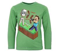 Minecraft Kinder Langarmshirt mit Steve & Skelett - Jungen Shirt aus 100% Baumwolle - Langarm Oberteil für Gamer - Größen 116-152, Farbe: Grün, Bekleidungsgröße: 128