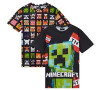 Minecraft Kinder T Shirt Jungen mit Rundhalsausschnitt & Creeper-Motiv, 2er-Pack (Schwarz/Mehrfarbig, 7-8 Jahre)
