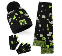Minecraft Mütze Kinder Set mit Beanie & Handschuhe oder Winter Mütze, Handschuhe mit Schal, Creeper Geschenke für Jungen (6-14 Jahre, Schwarz/Grün Minecraft, 3 Pcs)