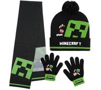 Minecraft Mütze Kinder Set mit Beanie & Handschuhe oder Winter Mütze, Handschuhe mit Schal, Creeper Geschenke für Jungen (6-14 Jahre, Schwarz Minecraft, 3 Pcs)