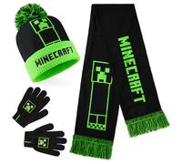 Minecraft Mütze Kinder Set mit Beanie & Handschuhe oder Winter Mütze, Handschuhe mit Schal, Creeper Geschenke für Jungen (4-7 Jahre, Grün/Schwarz, 3 Pcs)