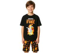 Minecraft Pyjama Jungen 6-14 Jahre, 2-Teilig Baumwolle Kurz Schlafanzug Kinder mit Weich Kurzarm T-Shirt, Sommer Geschenke für Kinder (7-8 Jahre, Schwarz/Orange, 1 er-Pack)