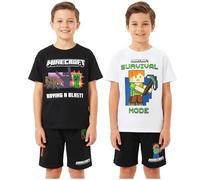 Minecraft Pyjama Jungen 6-14 Jahre, 2er Pack Baumwolle Kurz Schlafanzug Kinder mit Weich Kurzarm T-Shirt, Sommer Geschenke für Kinder (13-14 Jahre, Schwarz/Weiß, 2 er-Pack)