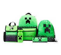 Minecraft Rucksack Kinder 5 Teilige Sets mit Lunchtasche Trinkflasche und Federmäppchen Turnbeutel oder Schlüsselanhänger Lanyard Gamer Geschenk (Grün)
