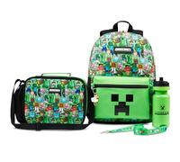 Minecraft Rucksack Kinder 5 Teilige Sets mit Lunchtasche Trinkflasche und Federmäppchen Turnbeutel oder Schlüsselanhänger Lanyard Gamer Geschenks (Grün AOP)