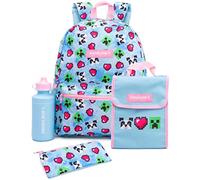 Minecraft Rucksack und Brotdose Set für Mädchen | Kinder 4-teilig Creeper Panda Herzen Blau Schulrucksack Lunchtasche Federtasche Wasserflasche One Size, blau, Einheitsgröße, Rucksack Rucksäcke
