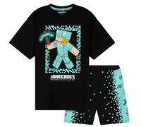 Minecraft Schlafanzug Jungen Kurz, Pyjama Set mit T-Shirt & Schlafshorts (Schwarz/Blau, 9-10 Jahre)