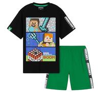 Minecraft Schlafanzug Jungen Kurz, Pyjama Set mit T-Shirt & Schlafshorts (Schwarz/Grün, 9-10 Jahre)