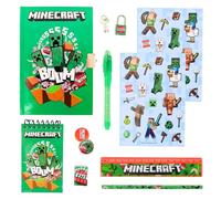 Minecraft Schreibwarenset, Enthält Lineal, Bleistift, Stift, Aufkleber, Radiergummi, Spitzer, Notizbuch und Schloss mit Schlüsseln, Geschenk Schreibwarenset für Jungen