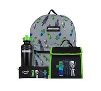 Minecraft Schulranzen Set | Creeper Kinderrucksack | Schulrucksäcke, Brotdosen & Wasserflaschen Set | One Size Schwarz