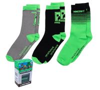 Minecraft Socken: Creeper Design, 3er Set, Hoher Baumwollanteil, Jungen, Schwarz-Grau, Größe 31-34