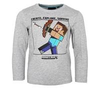 Minecraft Steve Kinder Langarmshirt - Jungen Shirt mit Bogen & Pfeil Motiv - Gamer Oberteil in Grau - Größen 116-152, Farbe: Grau, Bekleidungsgröße: 134